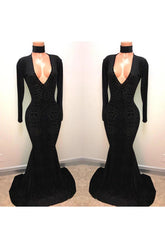 Black Lace V-Neck Party Dresses Mermaid Long-Sleeve Evening Gowns
